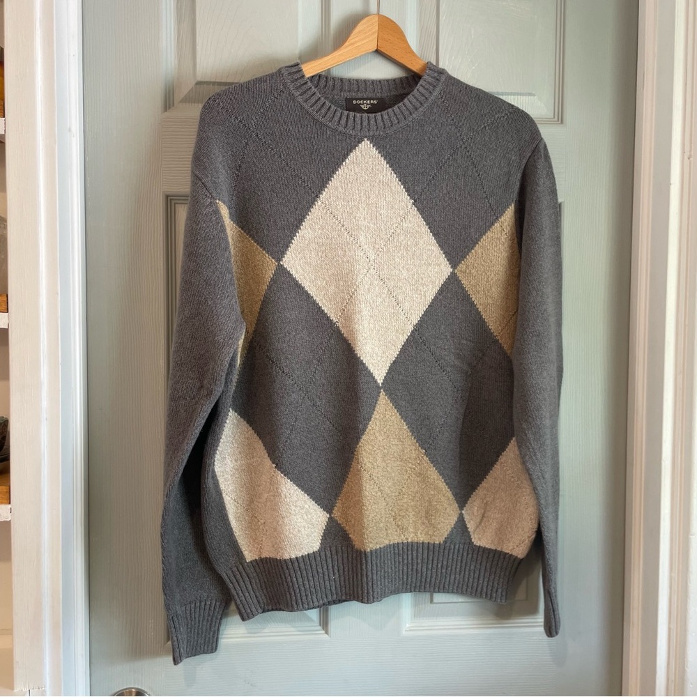 Dockers Men's L Argyle Gray Tan Fall 100% Cotton Long Sleeve Crew Neck Sweater